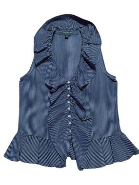 Ralph Lauren Blue and White Pinstripe Ruffle Sleeveless Blouse